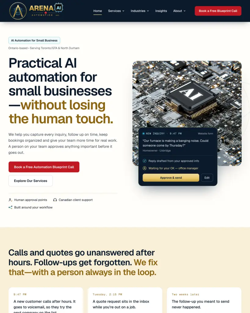 Arena AI Automation website homepage
